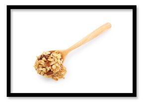 Tasty granola with dried fruits in spoon isolated on white, top view