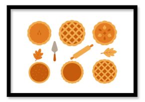 Autumn holiday pies and baking tools with fall leaves on white background