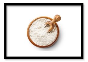 Wheat flour in wooden bowl with spoon isolated on white background with clipping path.