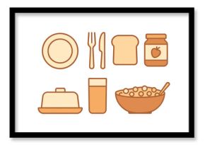 Collection of breakfast items: plate, fork, knife, toast, jam, butter, drink, and cereal bowl