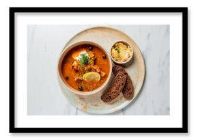A flavorful Solyanka soup is presented with rye bread and spread, resting on a stone plate