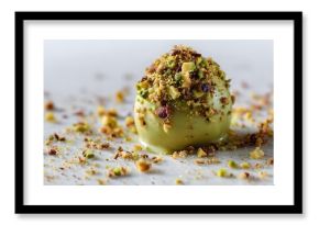 Green pistachio-coated truffle topped with crushed pistachios and nuts. Concept Pistachio-Coated Truffle, Green Pistachio Chocolate Treat with Crushed Nuts, Nutty Pistachio Garnish Dessert