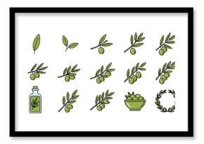 Collection of stylized flat icons representing the olive tree life cycle and products, from single leaves and branches with olives to a bottle of olive oil and a laurel wreath, all on a black