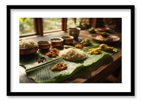 Traditional Onam sadya meal with rice and curries served on banana leaf at wooden table in natural light