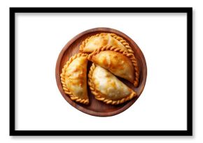 Fried baked pastry empanadas filled with ground beef cheese ham and crimped edges on wooden plate, isolated on white transparent background, concept of traditional Argentina snack