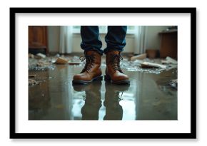 Person stands in flooded room with debris. Water damage assessment requires sturdy boots for indoor cleanup and disaster recovery work. Home repairs needed.