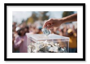 Hand placing money into a donation box before a crowd. Charity, fundraising, or investment concept. Use for campaigns, nonprofits, finance, giving back, and community.