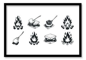 Campfire and s'mores sketch icons