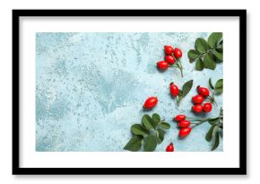 Fresh rose hip berries and leaves on blue background