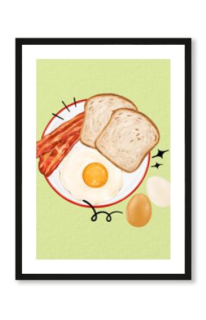 Sunny side up, toast & smoked bacons, breakfast food illustration