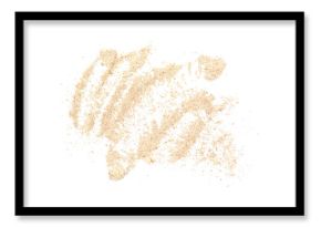 Pile of integral spelt flour isolated on white background, top view, clipping path