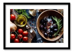 Top View of Mediterranean Ingredients in Rustic Kitchen