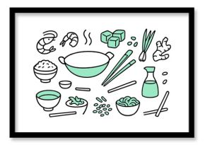 Vibrant Asian Cuisine Icons. // Asian cuisine. Hand-drawn doodle illustration Asian cuisine [wok pan (accented), chopsticks (accented), rice bowl, soy sauce