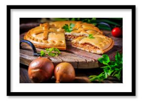 Savory tart with tuna and veggies,  traditional spanish empanada