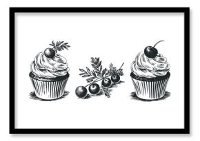 Two Hand Drawn Cupcakes and Cherry Branch