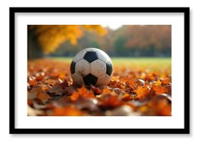 Soccer ball rests in vibrant autumn leaves on grassy field. Warm sunlight illuminates scene showcasing fall colors and sports equipment. This image represents outdoor recreation and seasonal activity.