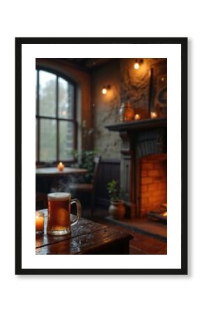 Warm inviting pub interior with fireplace and beer. A cozy English pub with a burning fire and candle. Mug of beer and candle on wooden table. Rainy day outside window.