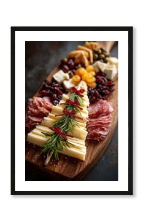 Charcuterie board shaped as Christmas tree with meats, cheeses, fruits, nuts, rosemary garlands, star topper. Elegant holiday snack platter, creative festive grazing vibe.