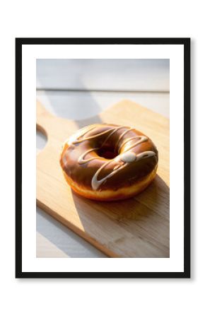 Classic Chocolate and White Drizzle Glazed Donut on Wooden Cutting Board