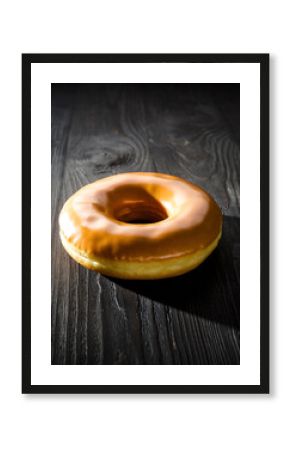 Classic Original Glazed Donut on a Dark Wooden Surface with Dramatic Side Light