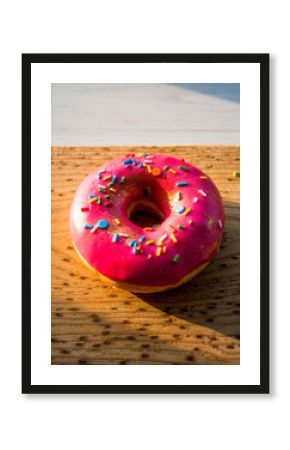 Vibrant Pink Glazed Donut with Sprinkles on a Light Wooden Cutting Board in Morning Sun