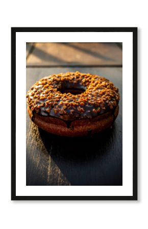 Gourmet Dark Chocolate Glazed Donut Topped with Crunchy Nuts on a Rustic Wooden Board