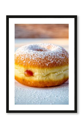 Classic Powdered Sugar Donut with Jam or Jelly Filling Against Rustic White Wood