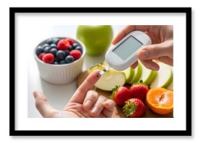 Healthy lifestyle and diabetes management concept with fresh fruits and glucometer for healthy eating and blood sugar monitoring