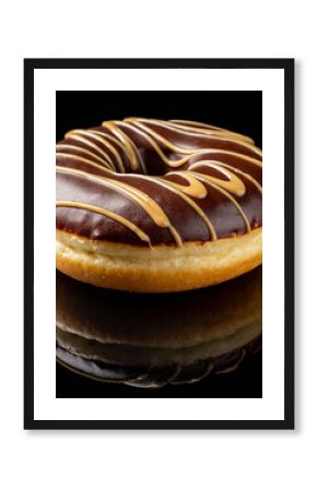 Classic Chocolate Glazed Donut with Peanut Butter Drizzle on Reflective Black Background