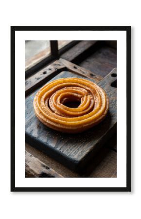 Spanish Churro Loop with Cinnamon Sugar on Dark Rustic Wooden Cutting Board