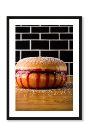 Jelly Filled Donut Covered in Powdered Sugar on Wooden Countertop