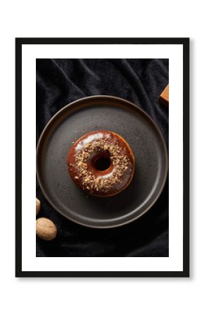 Chocolate Glazed Donut with Nut Topping on Minimalist Dark Plate