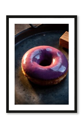 Vibrant Purple Glazed Donut on Black Metal Tray with Dramatic Sunlight