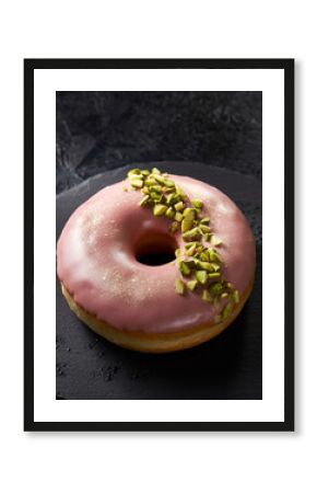 Elegant Pink Glazed Donut with Pistachio Nuts on Black Slate Plate