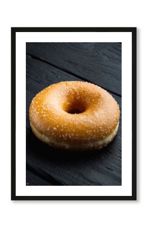Classic Sugared Glazed Donut on Dark Rustic Wooden Table Surface