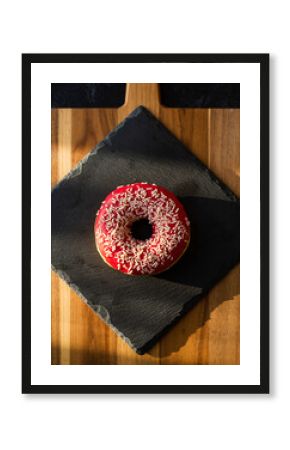 Red Glazed Donut with Coconut Flakes on Mixed Wood and Slate Cutting Boards