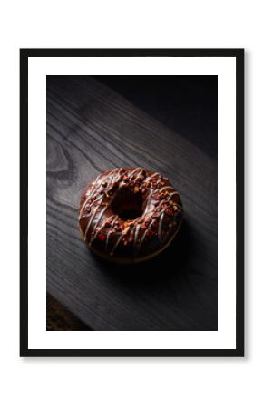 Rich Chocolate Glazed Donut with Drizzle on Dark Textured Wooden Surface