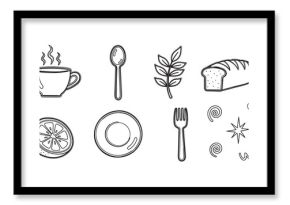 Collection of hand drawn breakfast food and kitchen utensil icons. Minimalist line art set with a coffee cup, bread, lemon, plate, fork and spoon for cafe menu design