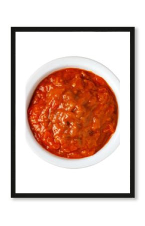 Spicy red chunky tomato sauce in bowl, transparent background