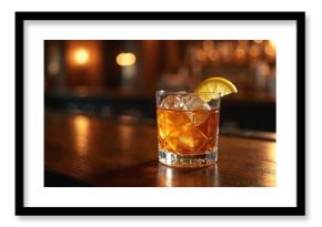 Amber whiskey sour drink with ice and lemon garnish sits on polished bar top. Soft bokeh lights in background create warm inviting atmosphere for relaxation and enjoyment.