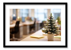 Mini decorated Christmas tree on empty office desk amid papers pens. Lonely corporate holiday symbol, abandoned festive workspace vibe.