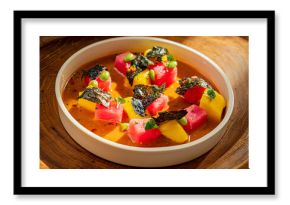 Fresh watermelon, mango, and avocado cubes complemented by a rich broth and seaweed