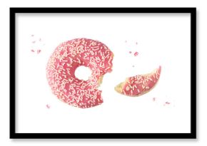 Pink glazed single bitten donut with white sprinkles and crumbs flying isolated on white