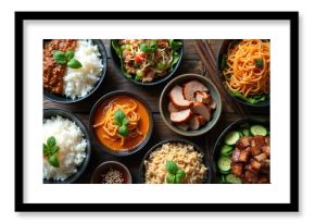 Assortment of various thai dishes displayed in bowls on wooden surface. Noodles, rice, vegetables, meat and basil leaves present. Collection of asian plates for food photography recipe book.