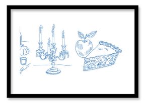 Hand drawn thanksgiving food elements in a vintage doodle illustration set for fall celebration