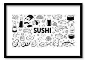 Black and white sushi ingredients and dishes illustration with fish, rice, and sauce bottles
