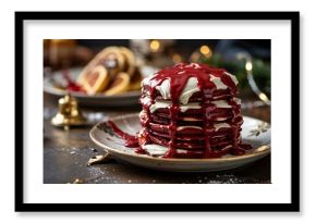 Decadent stack of red velvet pancakes with cream cheese frosting and sauce