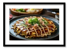 Dynamic close-up of Japanese Okonomiyaki savory pancake with rich sauces