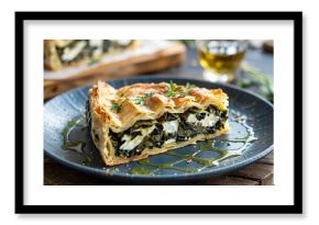 Hyper detailed slice of traditional Greek spanakopita spinach feta pie