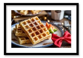 Inviting close-up of stacked churro waffles with sugar and festive bow